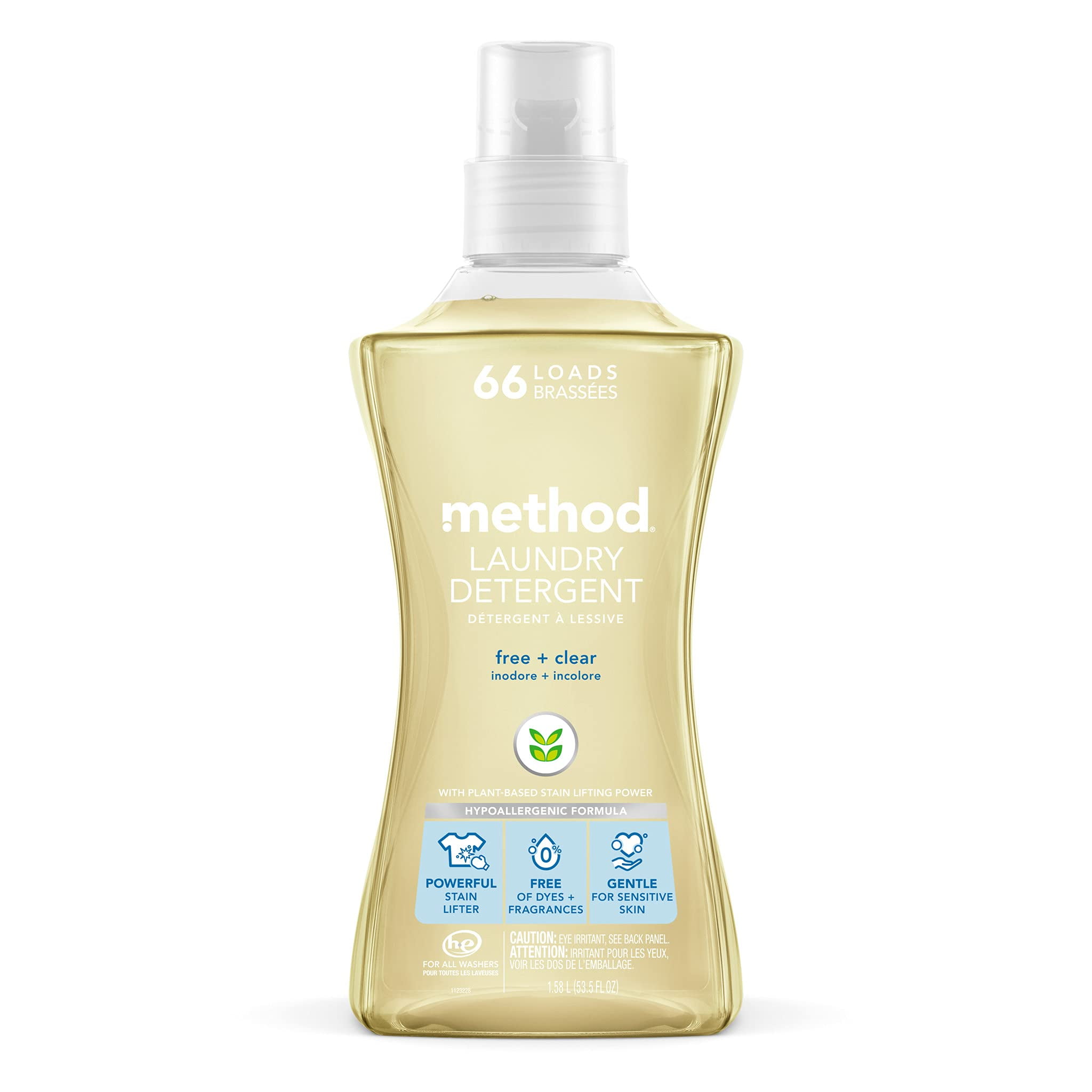 Method Liquid Laundry Detergent; Fragrance Free + Clear; Plant-Based Stain Remover; 66 Loads Per 53.5 Fl Oz Bottle; (Pack Of 1)
