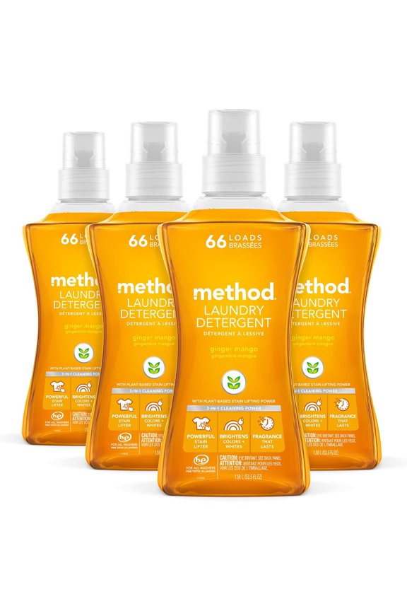 Liquid Laundry Detergent; Ginger Mango Scent; Plant-Based Stain Remover; 66 Loads per 53.5 fl oz bottle; 4 Pack 264 Total Loads; Packaging May Vary