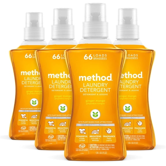 Method Liquid Laundry Detergent; Ginger Mango Scent; Stain Remover; 66 Loads per 53.5 fl oz bottle; 4 Pack (264 Total Loads); Packaging May Vary