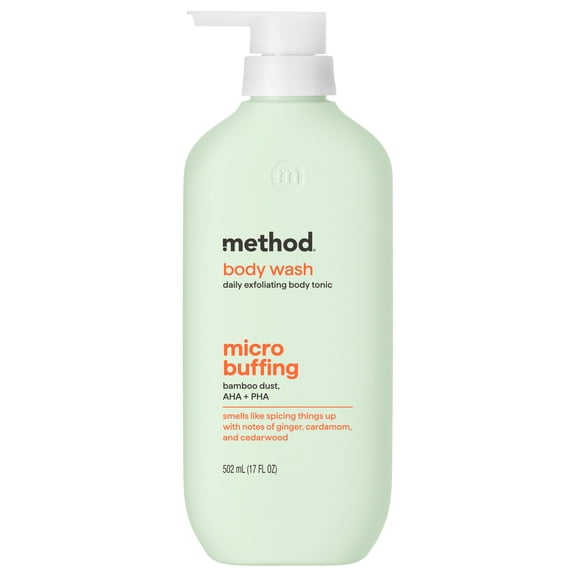 method body wash tonic, micro buffing, bamboo dust , AHA + PHA - ginger, cardamom, and cedar wood, 17 fl oz