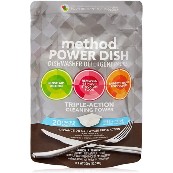 Method Power Dish Dishwasher Detergent Packs Free + Clear - Triple Action - 20 Ct Pack