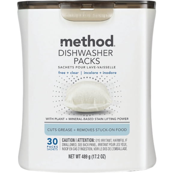 Method Power Dish Dishwasher Detergent Packs Free + Clear - Triple Action - 20 Ct Pack