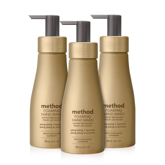 Method Premium Foaming Hand Wash, Ylang Ylang + Hyacinth, Reusable Gold Aluminum Bottle, Biodegradable Formula, 10 fl oz Pack of 3