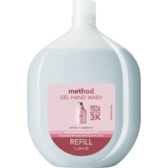Method Premium Gel Hand Soap Refill, Vanilla + Raspberry, Recyclable Bottle, Biodegradable Formula, 34 fl oz Pack of 4
