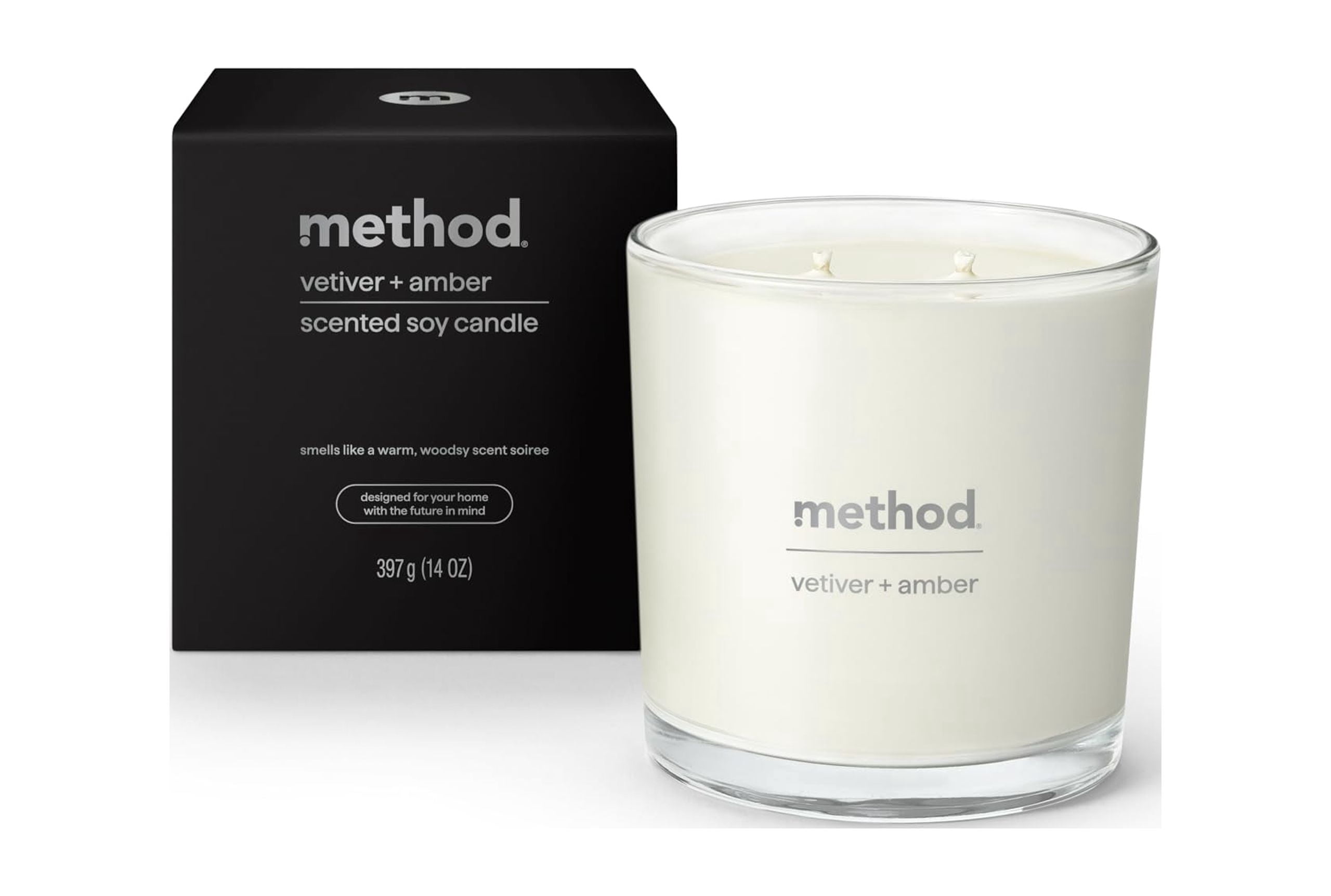 Method Premium Soy Candle, Vetiver + Amber, 2 Wick, Recyclable Jar, Up to 50 Hours Burn Time, 14 oz