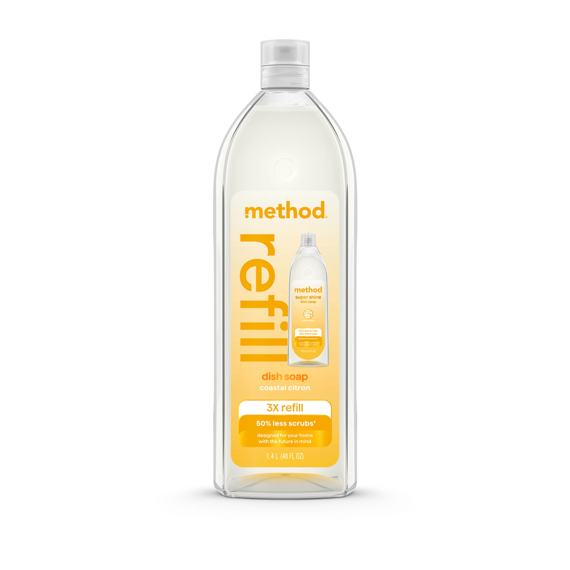 Method Super Shine Liquid Dish Soap Refill, Powered by Enzymes, Coastal Citron Scented, 48 fl oz