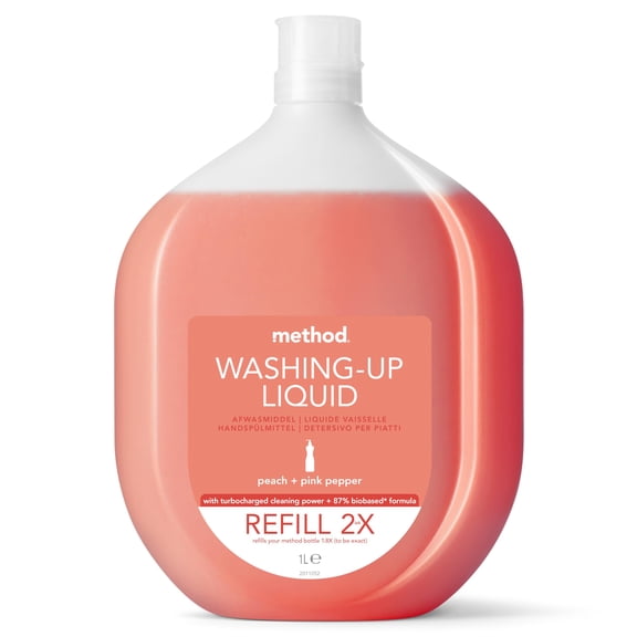 Method Washing Up Liquid Refill, Peach & Pink Pepper, Cuts Grease, 1L