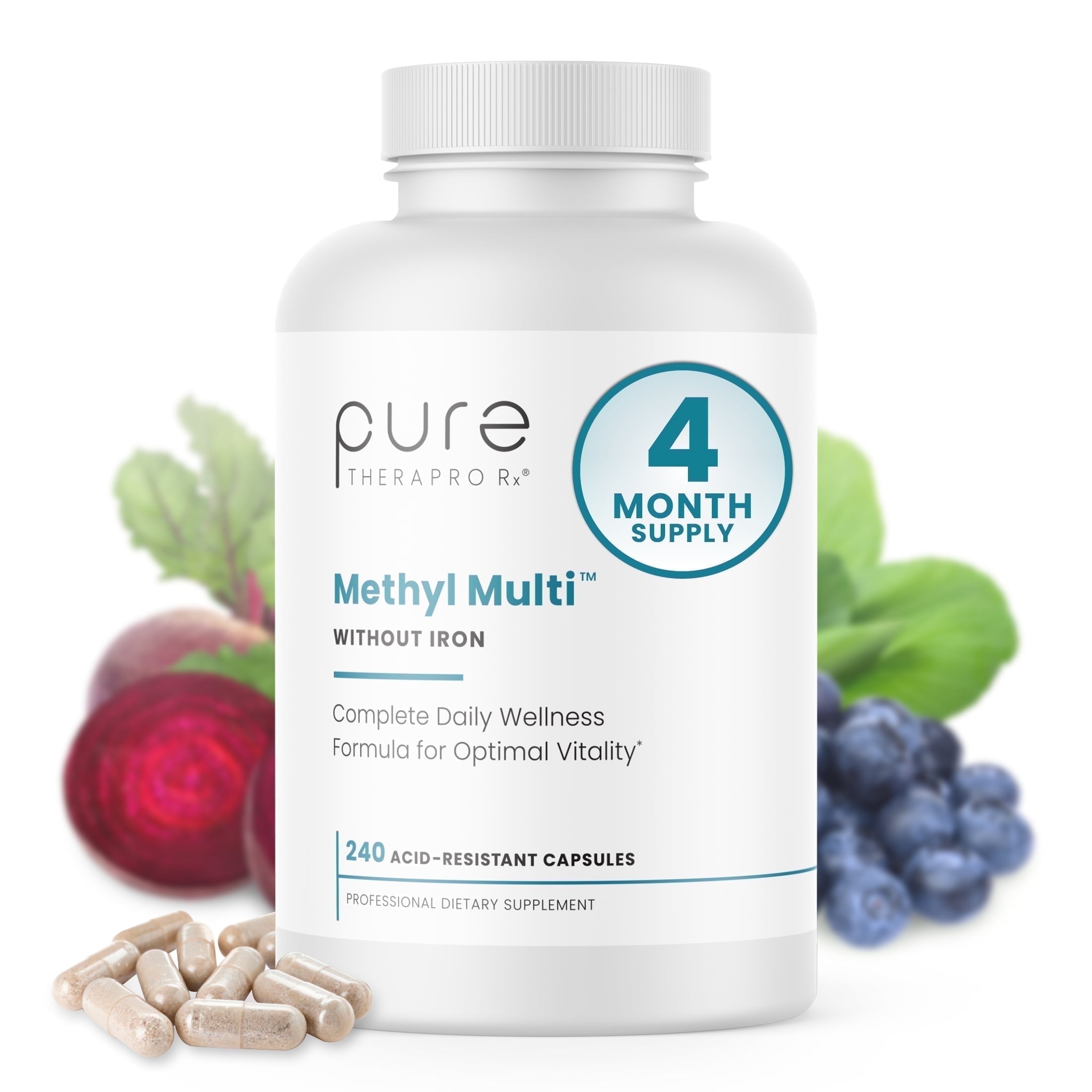 Methyl Multi without Iron - Methylated Multivitamin with Folate & Vitamin B12 by Pure TheraPro Rx - 240 Vegan Capsules