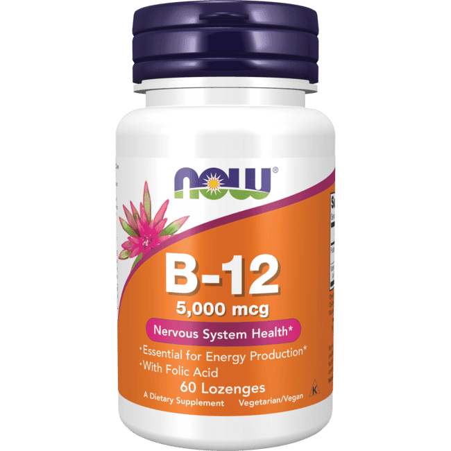 NOW Supplements, Vitamin B-12 5,000 mcg, With Folic Acid, Nervous System Health*, 60 Lozenges
