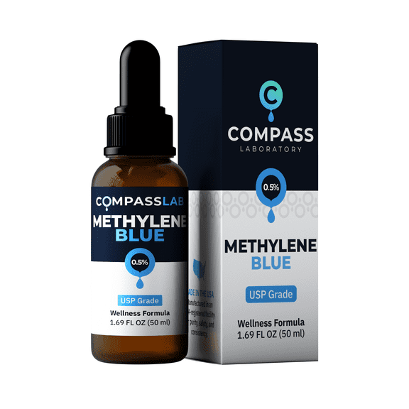 Methylene Blue 0.5% Compass Laboratory | USP-Grade Methylthioninium Chloride Liquid | High Purity Dietary Supplement for Brain Function & Cognitive Health | No Formaldehyde (1) 50ml Glass Bottle