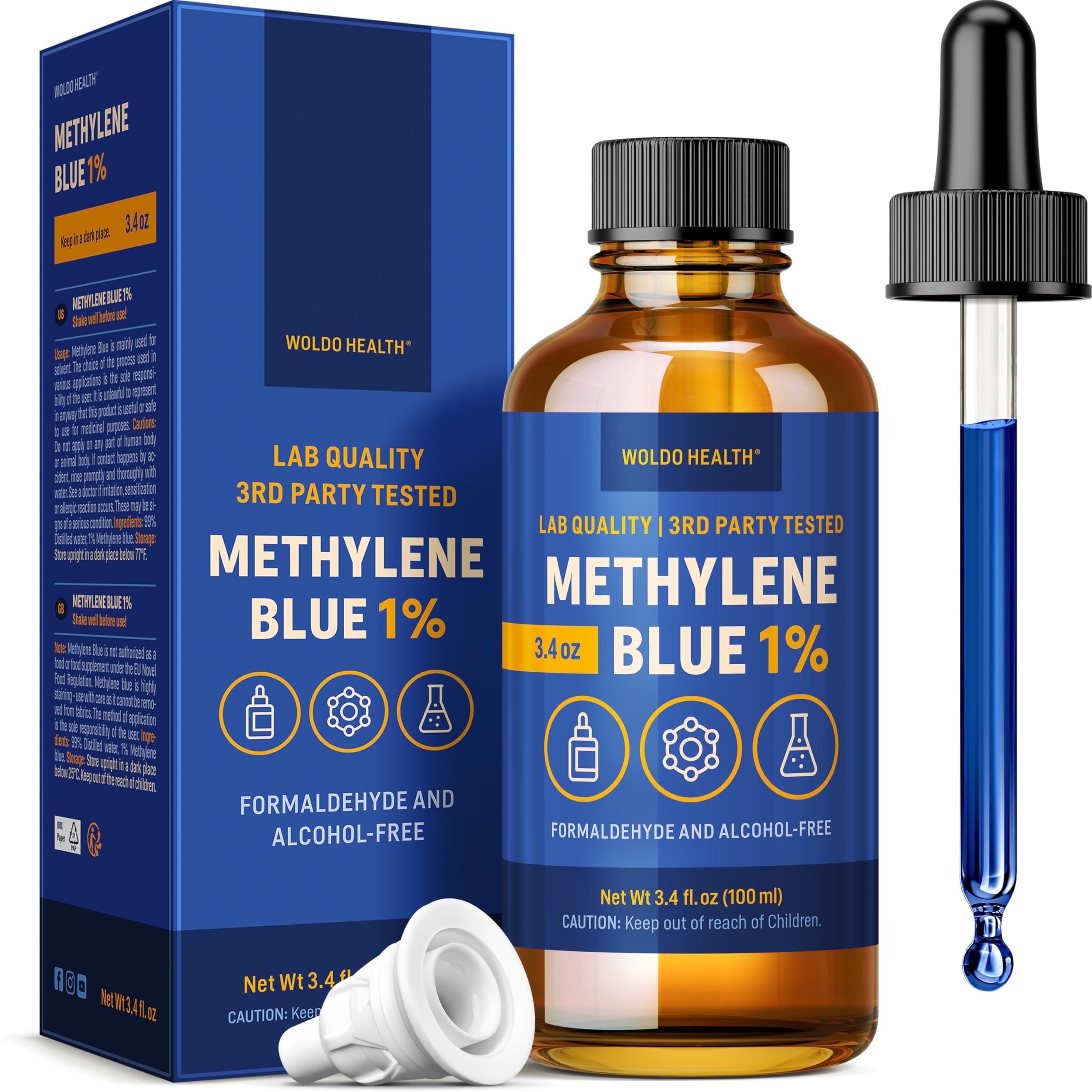WoldoHealth Methylene Blue 1% Drops 3.4 Fl Oz - USP Pharmaceutical Grade Ingredients, High Purity, Third-Party Tested, Formaldehyde Free