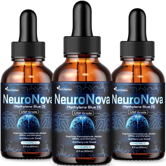 Nutri Nation Neuro Nova Methylene Blue Liquid Drops USP Pharma Grade 12 mg per mL, No Formaldehyde, 3 x 2 fl oz (60 mL), Memory & Focus Support