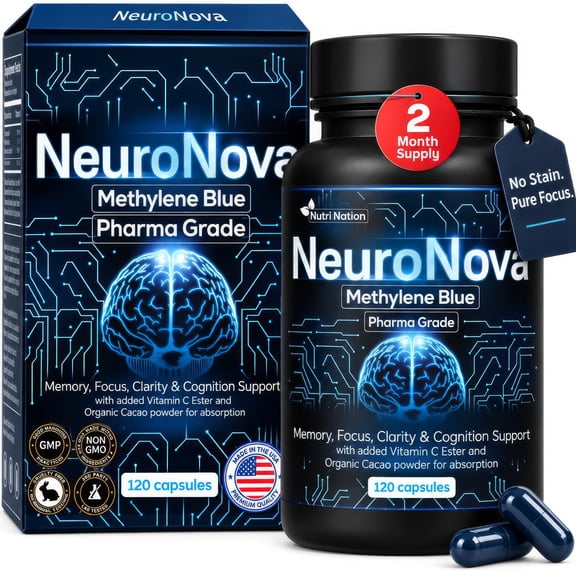 Nutri Nation Methylene Blue Capsules, Pharmaceutical Grade USP, 120 Count, 12mg For Cognitive Support