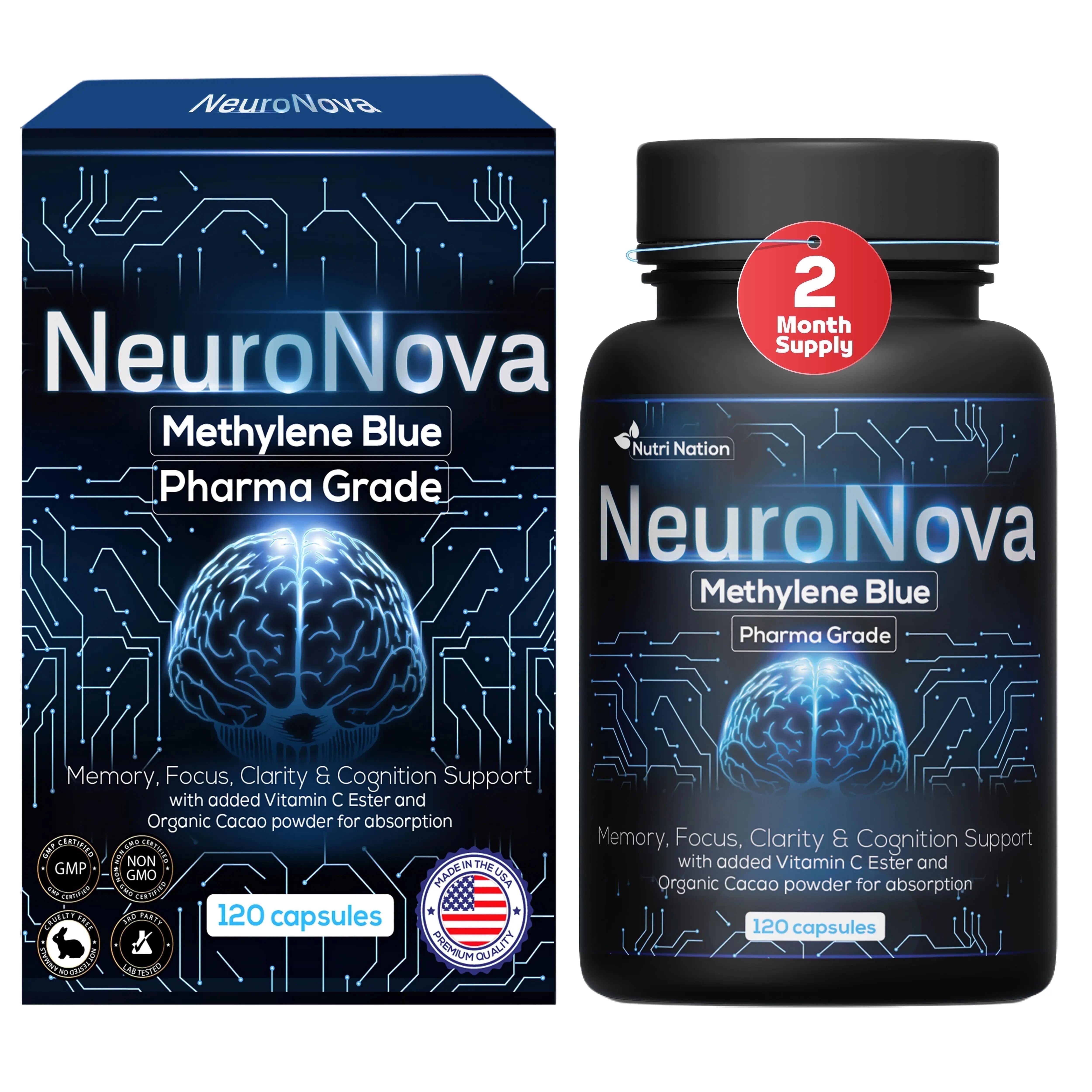 Neuro Nova Methylene Blue Capsules, USP Pharmaceutical Grade, 120 Count, 12mg For Cognitive Support
