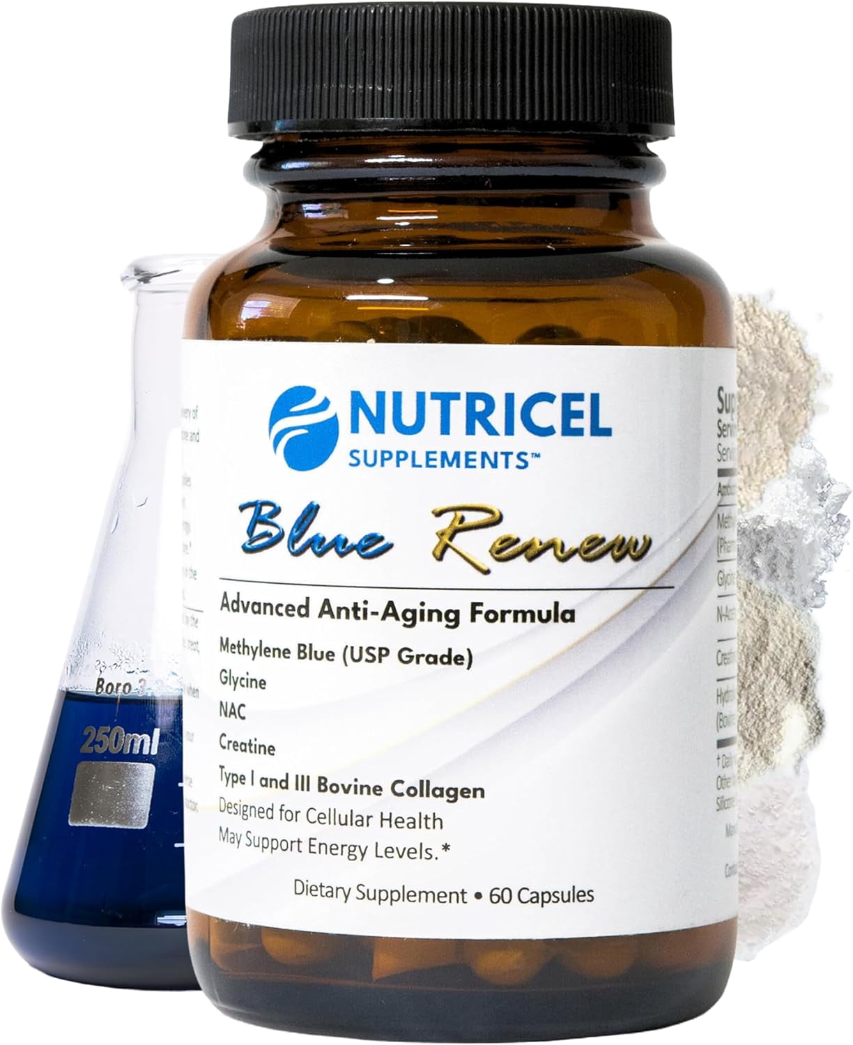 Methylene Blue Pharmaceutical Grade Capsules, with Added Glycine + NAC for Enhanced Antioxidant Activity, Collagen and Creatine for Anti-Aging Support, Youth and Longevity Formula