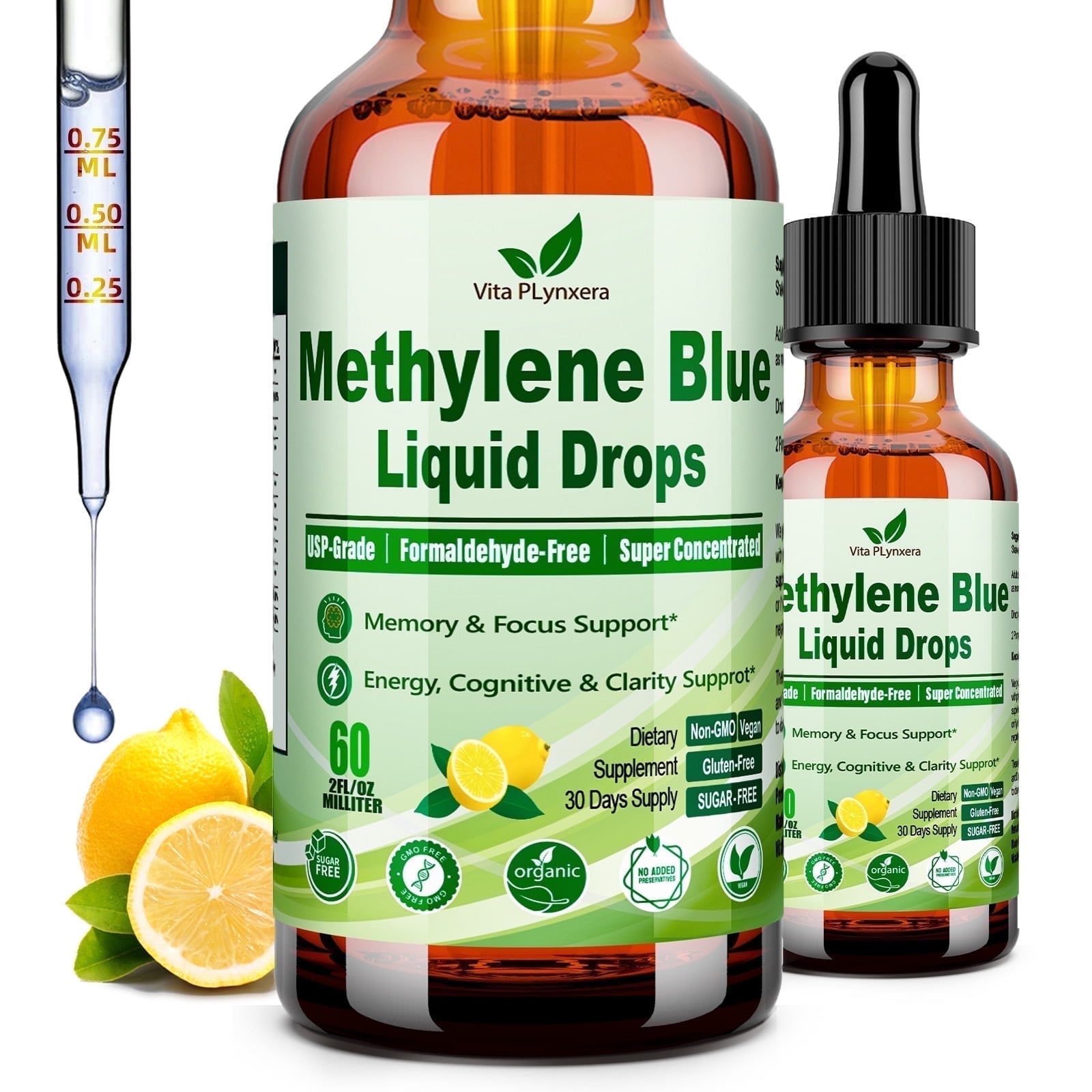 Methylene Blue Supplement Drops, Potency 10-in-1 Blue Methylene 1% Pharmaceutical Grade w. Vit C B6 B12 Cacao Beet PS Theanine, Ultimate Brain Support for Human Cognitive Cellular & Mitochondrial
