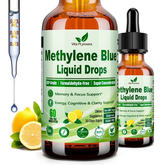 Methylene Blue Supplement Drops, Potency 10-in-1 Blue Methylene 1% Pharmaceutical Grade w. VIT C B6 B12 Cacao Beet PS Theanine, Ultimate Brain Support for Human Cognitive Cellular & Mitochondrial