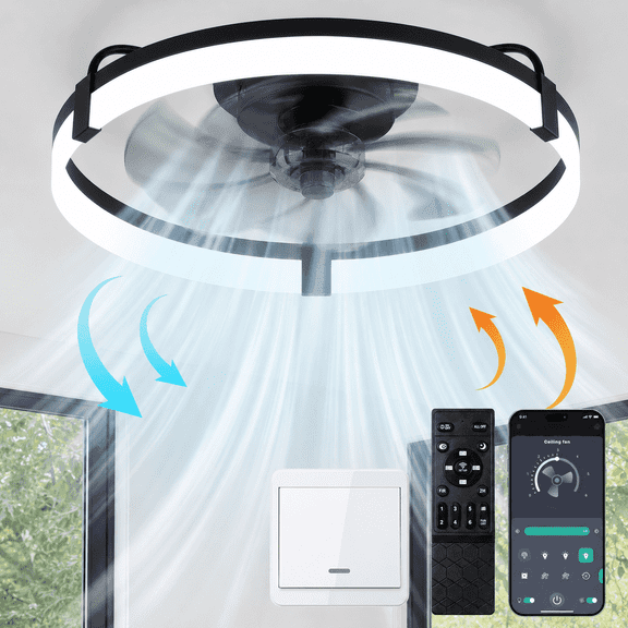 Ceiling Fan with Light and Remote & APP, 20" Low Profile Ceiling Fan, 3 Color Flush Mount Dimmable LED Fan Light, Reversible 6 Wind Speeds, Timing Setting Fan for Bedroom