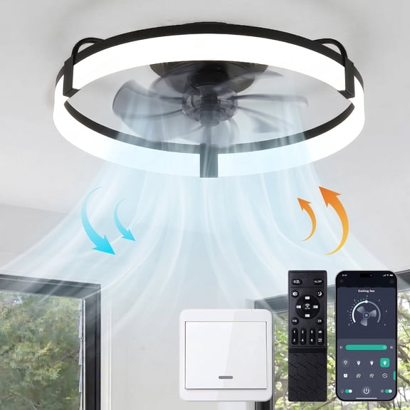 Ceiling Fan with Light and Remote & APP, 20" Low Profile Ceiling Fan, 3 Color Flush Mount Dimmable LED Fan Light, Reversible 6 Wind Speeds, Timing Setting Fan for Bedroom
