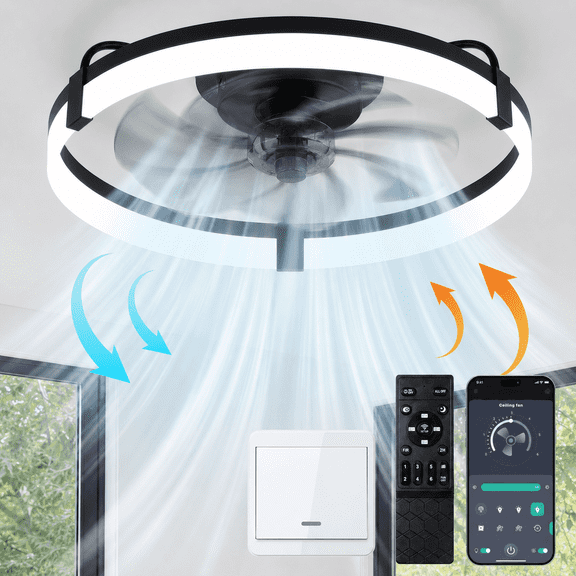 Ceiling Fan with Light and Remote & APP, 20" Low Profile Ceiling Fan, 3 Color Flush Mount Dimmable LED Fan Light, Reversible 6 Wind Speeds, Timing Setting Fan for Bedroom