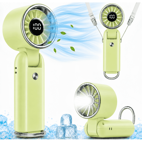 MEHOOM Mini Handheld Portable Fan, 3 IN 1 5000mAh Rechargeable Outdoor Personal Fan with Flashlight, 180° Adjustable, 100 Speed, Small Air Turbo Personal Fan for Outdoor Indoor, Travel, Beach, Green