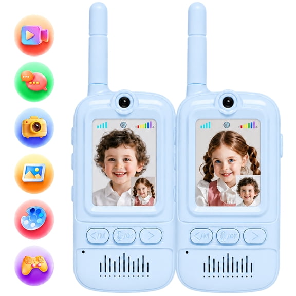 Metiyea Multifunctional Video Walkie Talkies for Kids, Rechargeable Walkie Talkies with Camera & Message Storage, Long-Range Two-Way Radios for Indoor Outdoor Play, Boys & Girls Ages 3–12 (Blue/Blue)