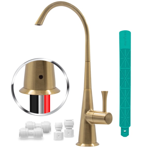 Metpure Airgap 3-Port Brass RO Faucet for Reverse Osmosis Drinking Water Systems. Features Pre-Installed Drain Tubes, Contemporary Design. Includes Wrench and Adapters. (Brushed Gold)