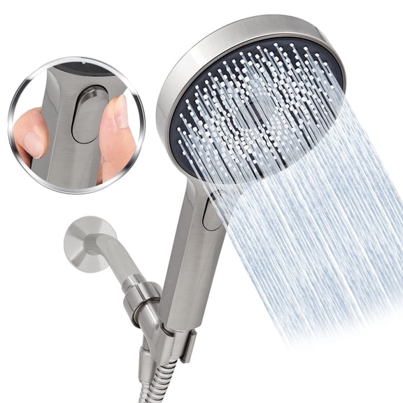 Metpure Handheld Shower Head with Easy Clicker - Multiple Spray Patterns. 5" Large Head for Waterfall Showering Experience. Stainless Steel Hose & Adjustable Mount Holder. Brushed Nickel