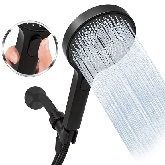 Metpure Handheld Shower Head with Easy Clicker - Multiple Spray Patterns. 5" Large Head for Waterfall Showering Experience. Stainless Steel Hose & Adjustable Mount Holder. Matte Black