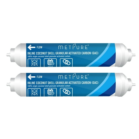 Metpure Inline Water Filter 2" x 10" Coconut Shell Post Activated Carbon Water Filter Replacement 1/4" OD Quick Connect for Inline Reverse Osmosis RO Water Filtration, Refrigerator, Ice Maker [2 Pack]
