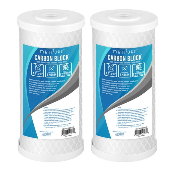 Metpure Universal 5 Micron 10” x 4.5” Whole House Carbon Water Filter Cartridge Replacement - Coconut Shell Carbon Block CTO. Compatible with/Replacement Pentek, Dupont, GE, etc. 2-Pack