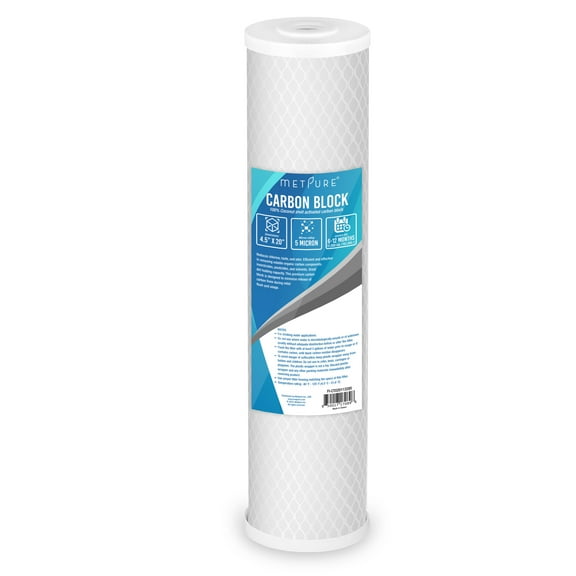 Metpure Universal 5 Micron 20” x 4.5” Whole House Carbon Water Filter Cartridge Replacement - Coconut Shell Activated Carbon Block CTO. Compatible with Pentek, iSpring, and more. 1-Pack