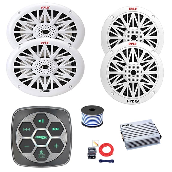 Metra IBBTR19 Marine 3-Zone Bluetooth Controller, 2x 6x9" 260 Watt + 2x 6.5" 200 Watt Full Range Audio Speakers (White), 4-Channel Amplifier w/Kit, Wire
