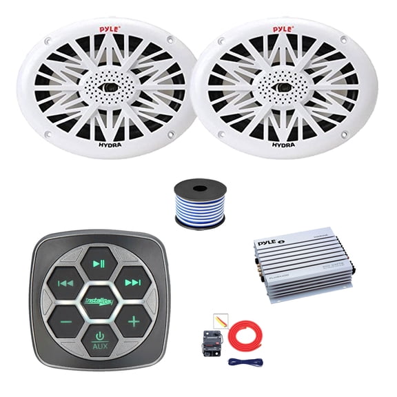 Metra IBBTR19 Marine 3-Zone Bluetooth Controller, 2x 6x9" 260 Watt Full Range Audio Speakers (White), 4-Channel Amplifier w/Kit, Wire