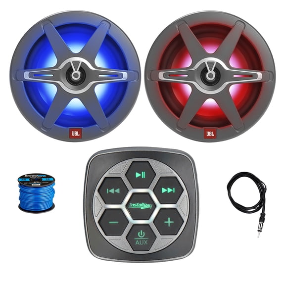 Metra IBBTR19 Marine 3-Zone Bluetooth Controller, 2x 8" 450 Watt 2-Way Multicolor LED Outdoor Audio Speakers, Radio Antenna, Wire