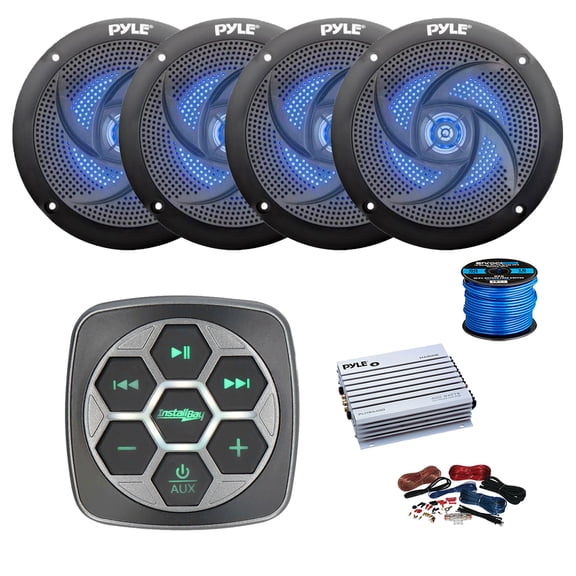 Metra IBBTR19 Marine 3-Zone Bluetooth Controller, 4-Channel Amplifier w/Install Kit, 4X 5.25" 180 Watt 2-Way Slim Low Profile Blue Flashing LED Audio Speakers (Black) w/ Wire