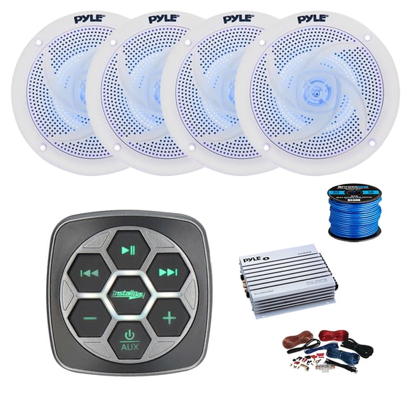 Metra IBBTR19 Marine 3-Zone Bluetooth Controller, 4-Channel Amplifier w/Install Kit, 4X 5.25" 180 Watt 2-Way Slim Low Profile Blue Flashing LED Audio Speakers (White) w/ Wire