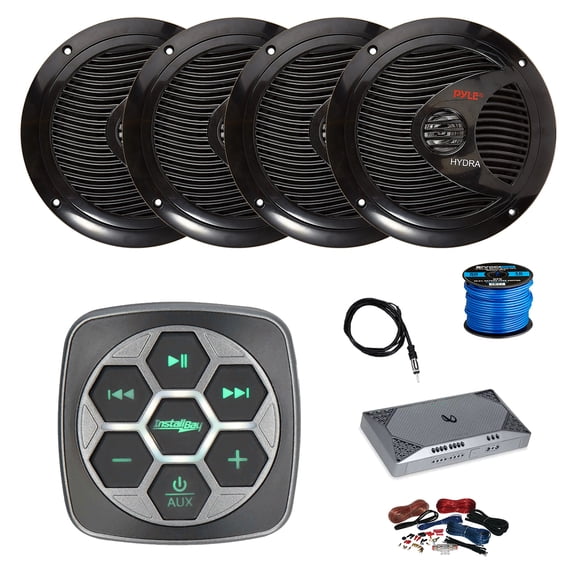 Metra IBBTR19 Marine 3-Zone Bluetooth Controller, 4-Channel Amplifier w/Install Kit, 4X 6.5" 150 Watt 2-Way Dual Cone Full Range Audio Speakers (Black) w/ Wire, Antenna