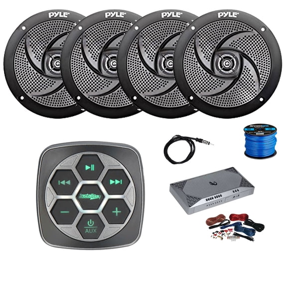 Metra IBBTR19 Marine 3-Zone Bluetooth Controller, 4-Channel Amplifier w/Kit, 4X 5.25" 180 Watt 2-Way Slim Low Profile Audio Speakers (White) w/ Wire, Antenna