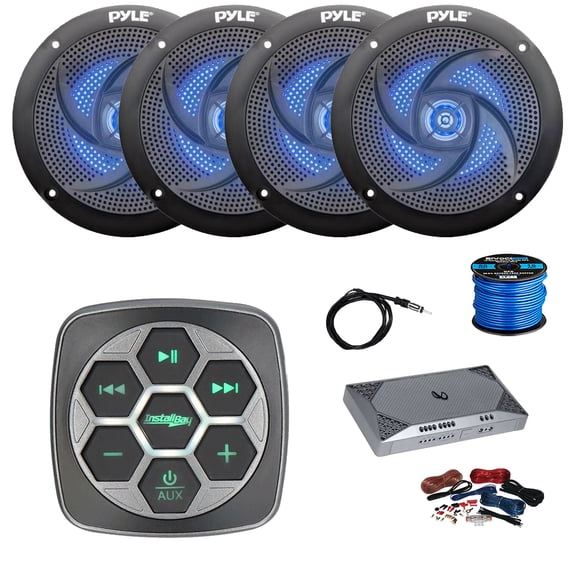 Metra IBBTR19 Marine 3-Zone Bluetooth Controller, 4-Channel Amplifier w/Kit, 4X 5.25" 180 Watt 2-Way Slim Low Profile Blue Flashing LED Audio Speakers (Black) w/ Wire, Antenna