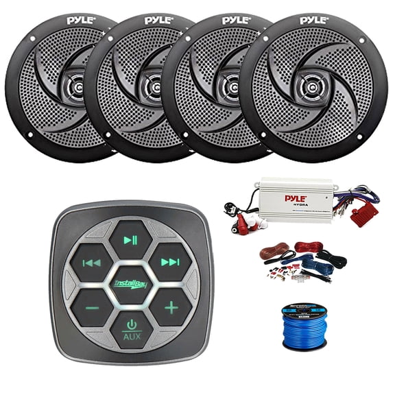 Metra IBBTR19 Marine 3-Zone Bluetooth Controller, 4-Channel Bluetooth Amplifier w/Install Kit, 4X 5.25" 180 Watt 2-Way Slim Low Profile Audio Speakers (Black) w/ Wire