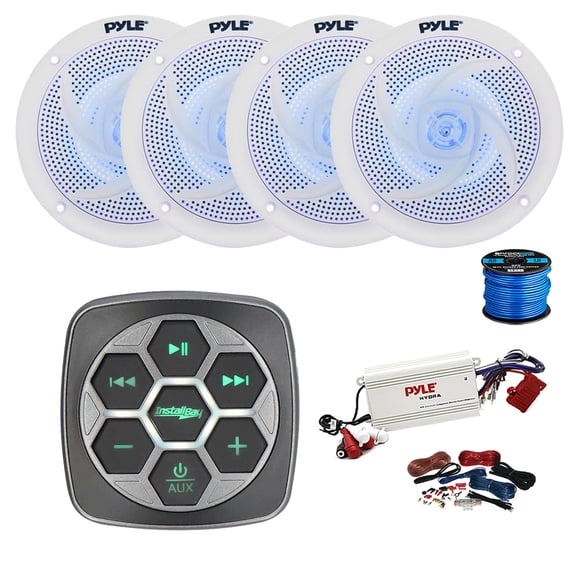 Metra IBBTR19 Marine 3-Zone Bluetooth Controller, 4-Channel Bluetooth Amplifier w/Install Kit, 4X 6.5" 240 Watt 2-Way Slim Low Profile Blue Flashing LED Audio Speakers (White) w/ Wire