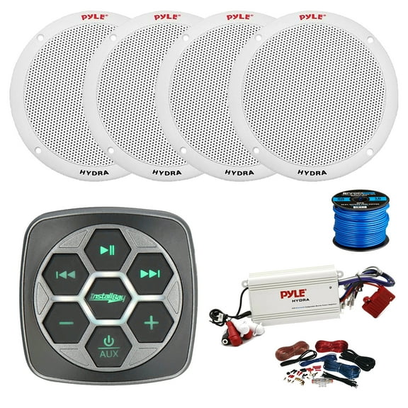 Metra IBBTR19 Marine 3-Zone Bluetooth Controller, 4-Channel Bluetooth Amplifier w/Install Kit, 4X 6.5" 400 Watt 2-Way Dual Cone Full Range Audio Speakers (White) w/ Wire