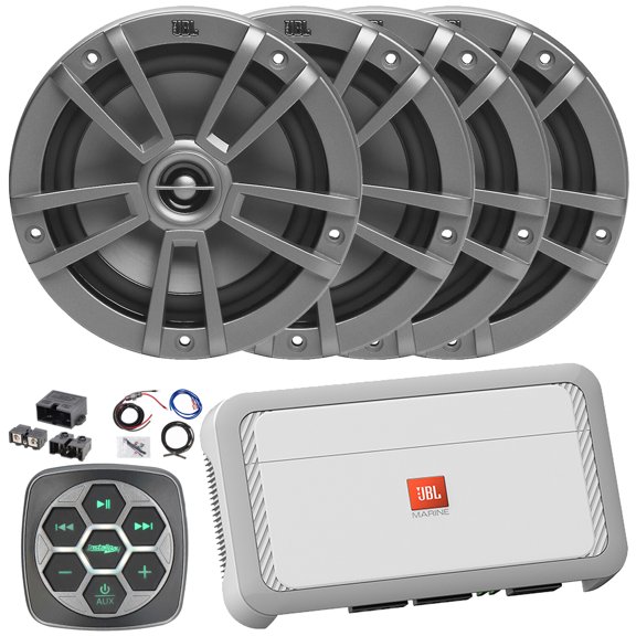 Metra IBBTR19 Marine 3-Zone Bluetooth Controller, 4x 6.5" 180 Watt Max Power 2-Way Multi-Element Gray Boat Speakers, 75 Watts RMS x 4 @ 4 Ohms 4-Channel Class H Amplifier W/Wiring Kit + Power Block