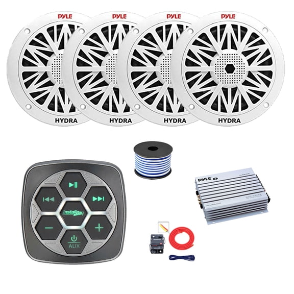 Metra IBBTR19 Marine 3-Zone Bluetooth Controller, 4x 6.5" 200 Watt Full Range Audio Speakers (White), 4-Channel Amplifier w/Kit, Wire