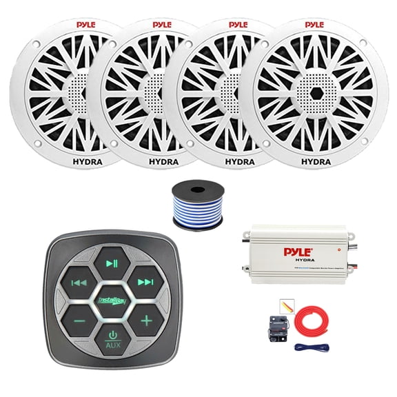 Metra IBBTR19 Marine 3-Zone Bluetooth Controller, 4x 6.5" 200 Watt Full Range Audio Speakers (White), 4-Channel Bluetooth Amplifier w/Kit, Wire