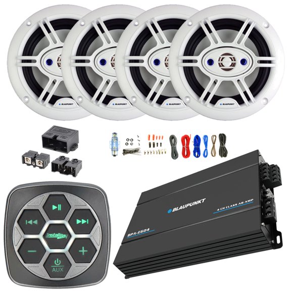 Metra IBBTR19 Marine 3-Zone Bluetooth Controller, 4x 6.5" 240 Watt Max Power 4-Way White Boat Speakers, 4-Channel 1800 Watt Amplifier w/8 Gauge Wiring Installation Kit + Quick Disconnect Power Block