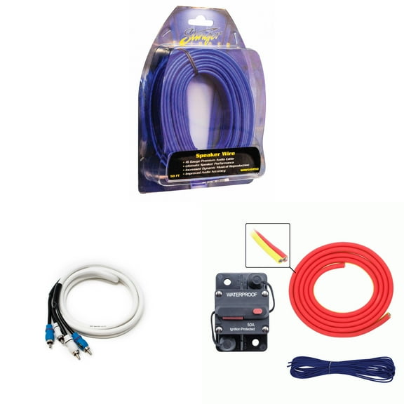 Metra MLAK4-10 100 Amp Breaker 4GA Tinned Pure Copper 10 foot Marine Wiring Kit with 16GA Matte Blue 50ft Tinned Oxygen-Free Copper Speaker Wire and 2 Meter Marine RCA Cable