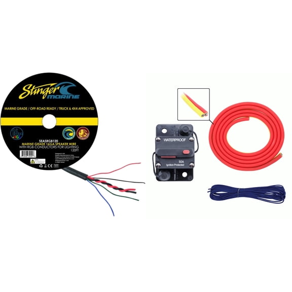 Metra MLAK4-20 100 Amp Breaker 4GA Tinned Pure Copper 20 foot Marine Wiring Kit with 120 Feet Of 6-Conductor wire. Two 16-Gauge Speaker Wires and 20-Gauge RGB LED Wiring