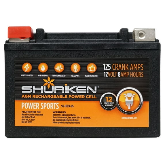 Metra SK-BTX9-BS AGM Battery 125 CCA Crank Amps For Boat/ATV/UTV/Cart/Motorcycle